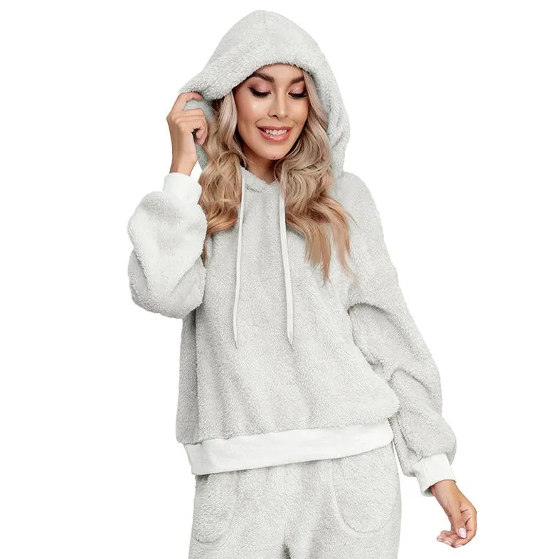 Drop Shoulder Drawstring Teddy Hoodie and Sweatpants