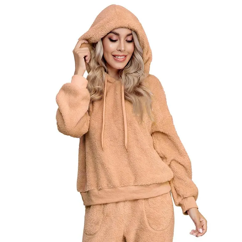 Drop Shoulder Drawstring Teddy Hoodie and Sweatpants