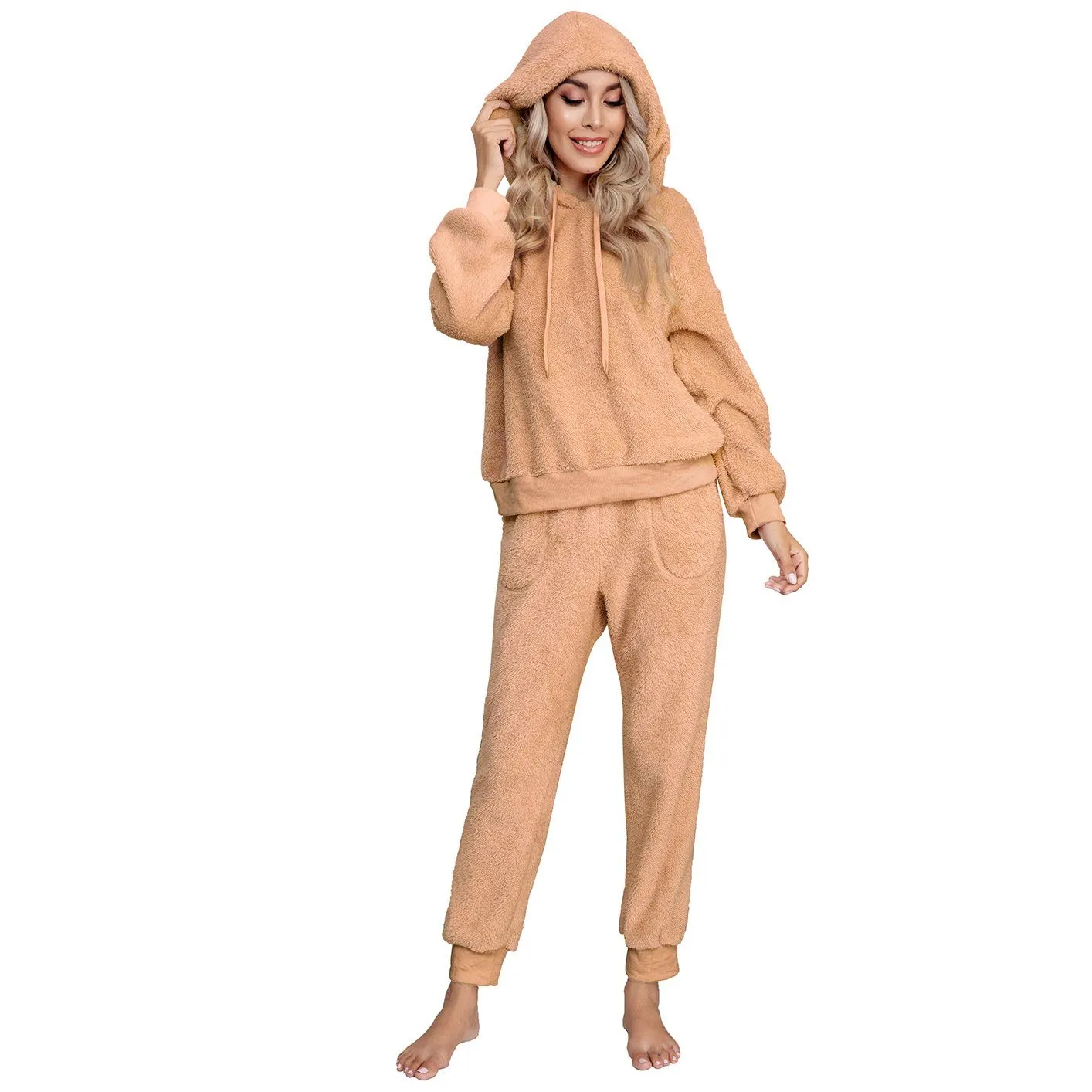 Drop Shoulder Drawstring Teddy Hoodie and Sweatpants