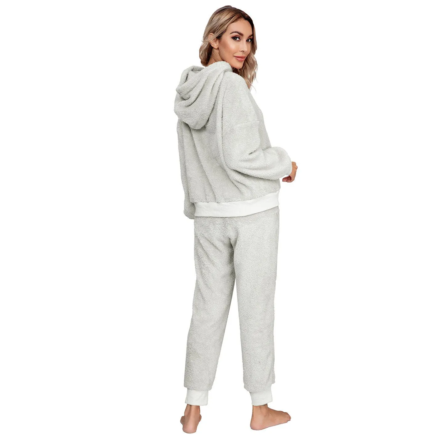 Drop Shoulder Drawstring Teddy Hoodie and Sweatpants