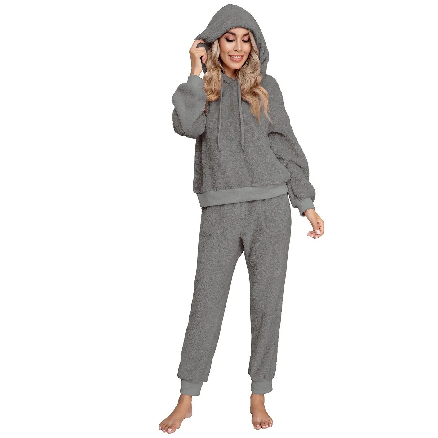 Drop Shoulder Drawstring Teddy Hoodie and Sweatpants