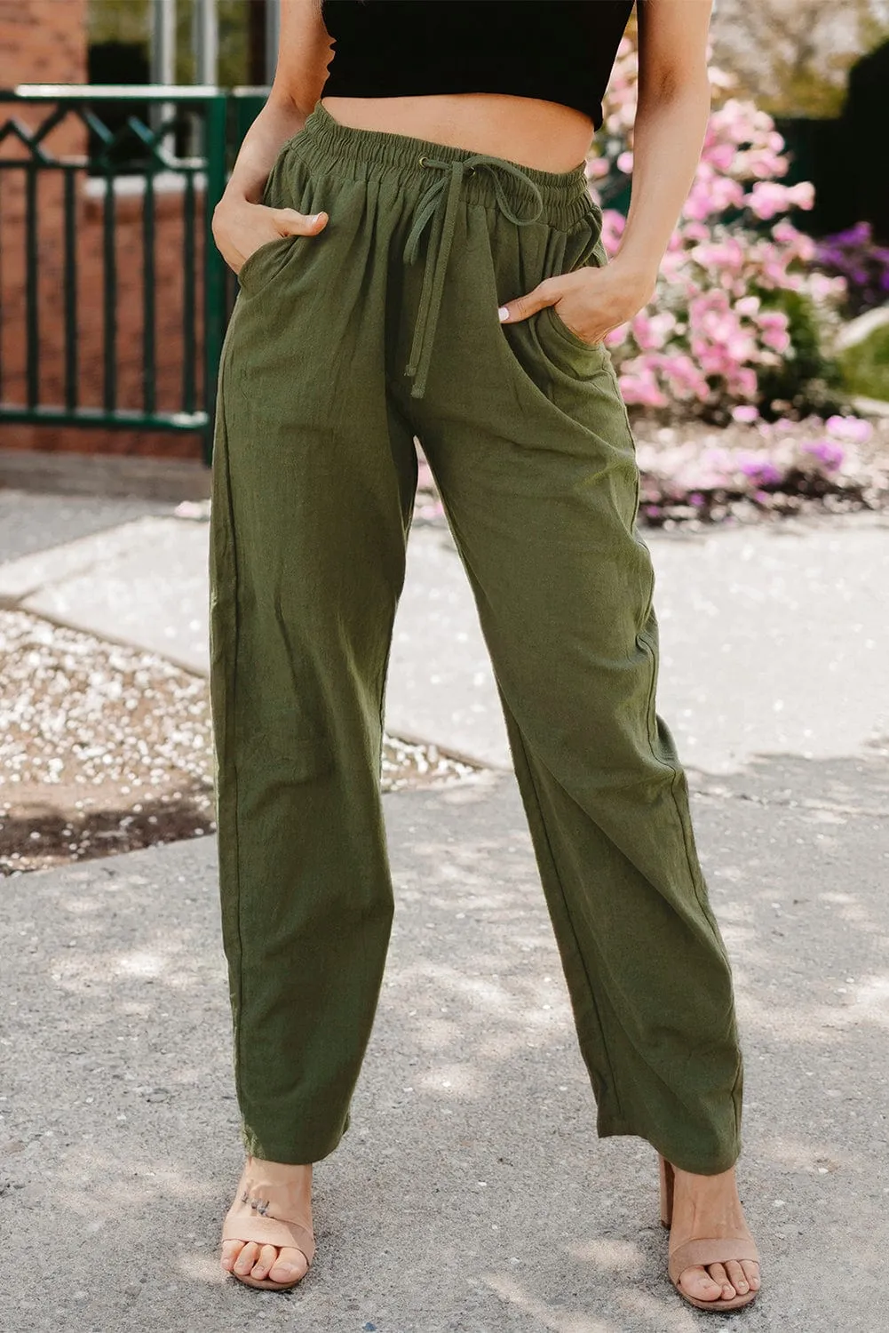 Elastic Waist Solid Color Cotton And Linen Wide-leg Loose Pants