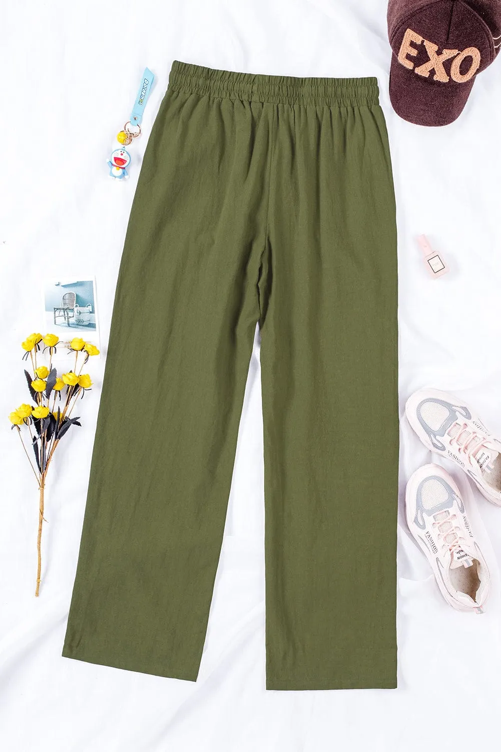 Elastic Waist Solid Color Cotton And Linen Wide-leg Loose Pants