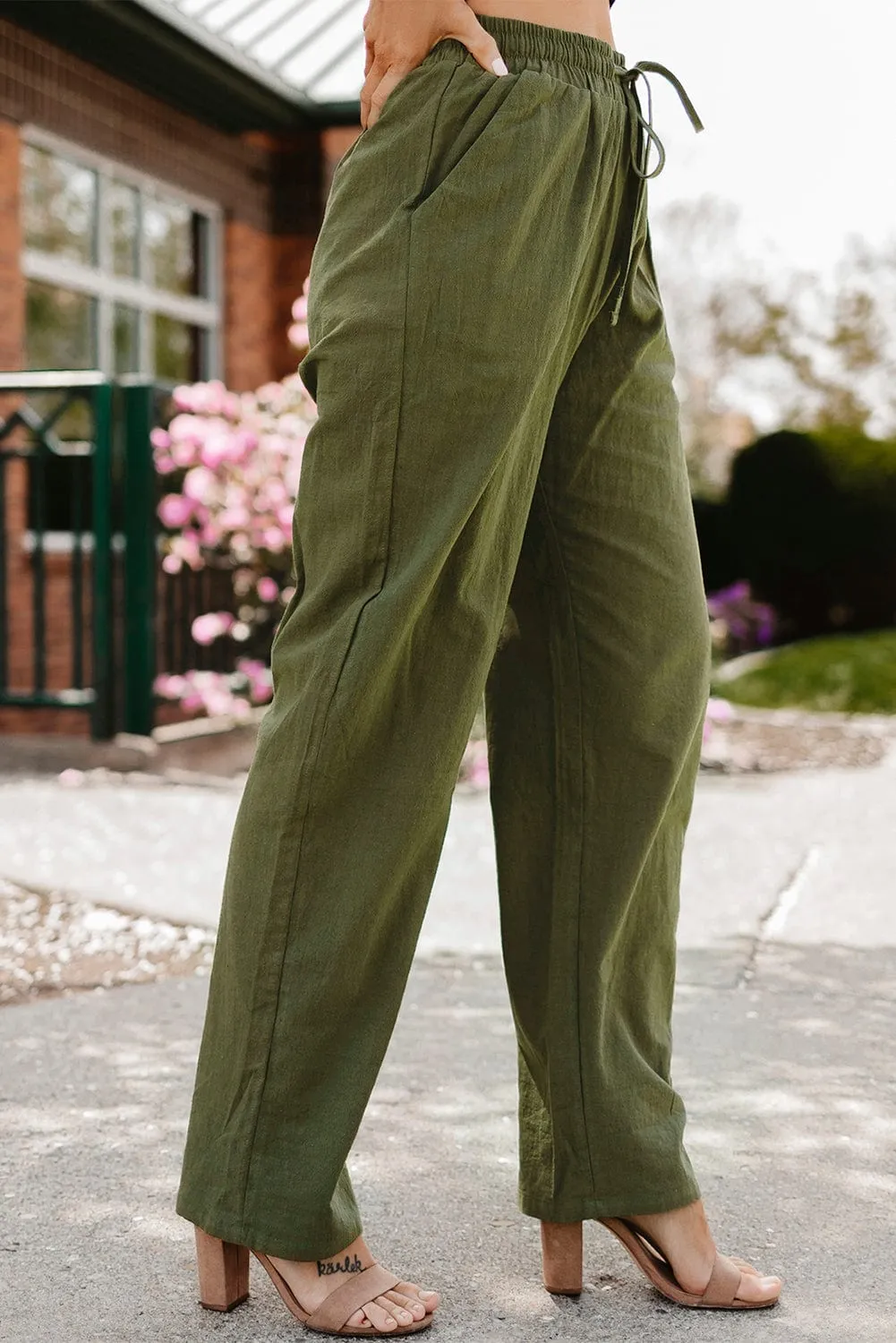 Elastic Waist Solid Color Cotton And Linen Wide-leg Loose Pants