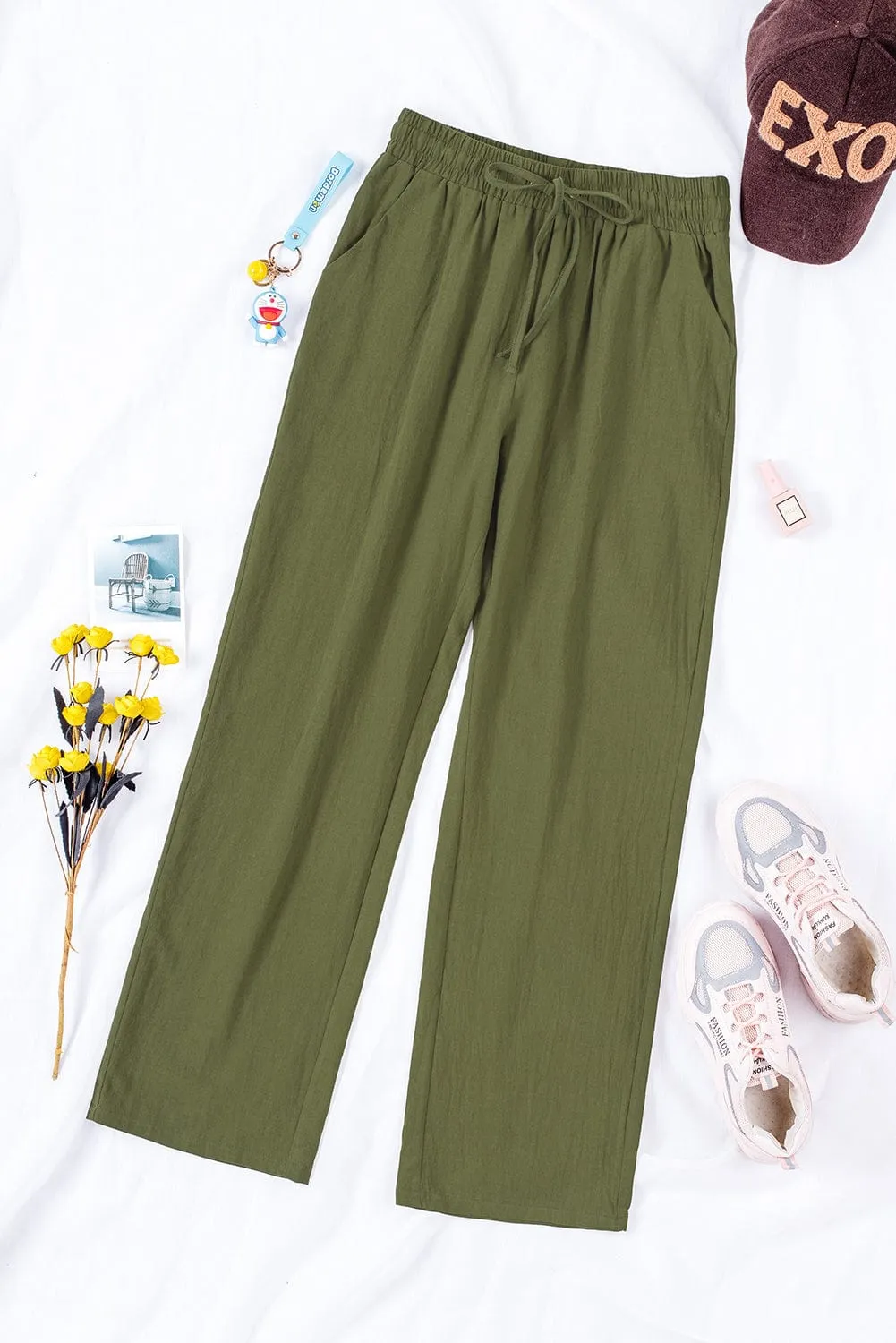 Elastic Waist Solid Color Cotton And Linen Wide-leg Loose Pants