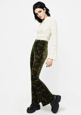 Faefire Foil Print Velour Split Slim Flare Trousers - Green