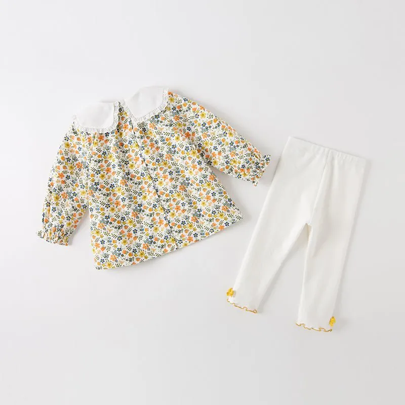 Flower Sea Girl Two-piece Floral Contrast Collar Top & Ribbon Detail Pants Set