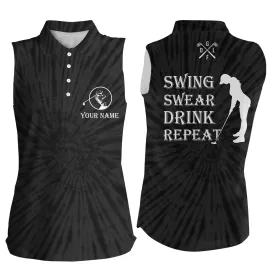 Funny Womens sleeveless polo shirt custom swing swear drink repeat black tie dye pattern golf shirts