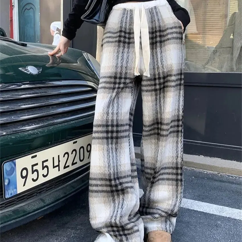 Girlary 2024 Plaid High Street Loose Trousers Women Chic Vintage Plush Wide Leg Straight Winter Daily Casual Office Lady New