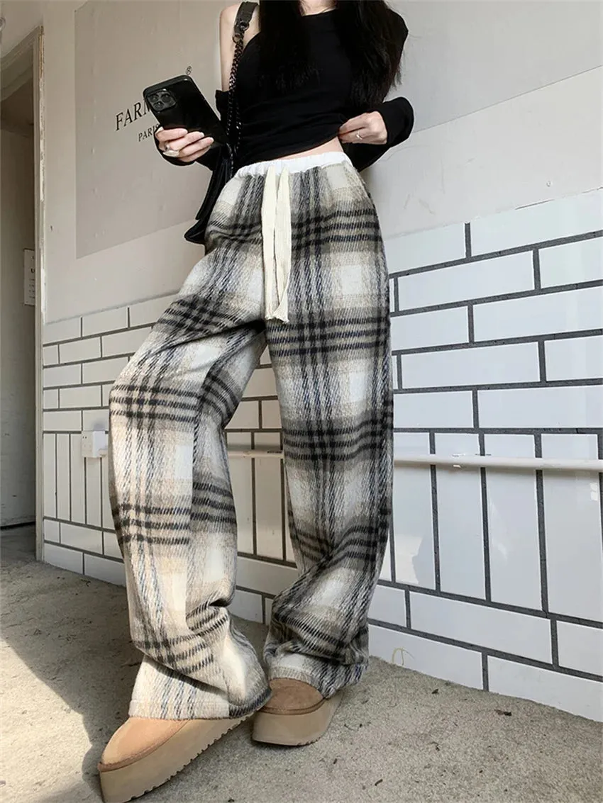 Girlary 2024 Plaid High Street Loose Trousers Women Chic Vintage Plush Wide Leg Straight Winter Daily Casual Office Lady New