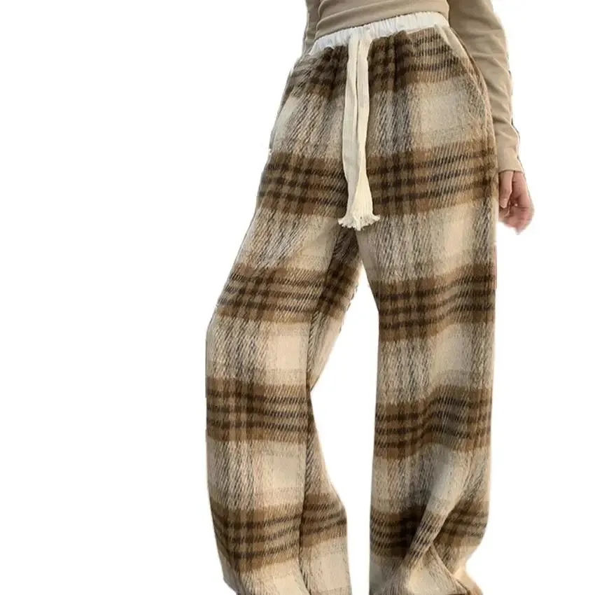 Girlary 2024 Plaid High Street Loose Trousers Women Chic Vintage Plush Wide Leg Straight Winter Daily Casual Office Lady New