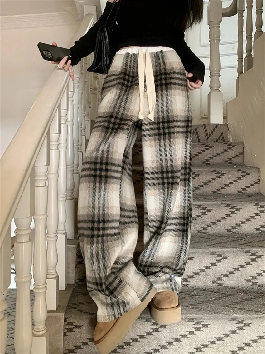 Girlary 2024 Plaid High Street Loose Trousers Women Chic Vintage Plush Wide Leg Straight Winter Daily Casual Office Lady New