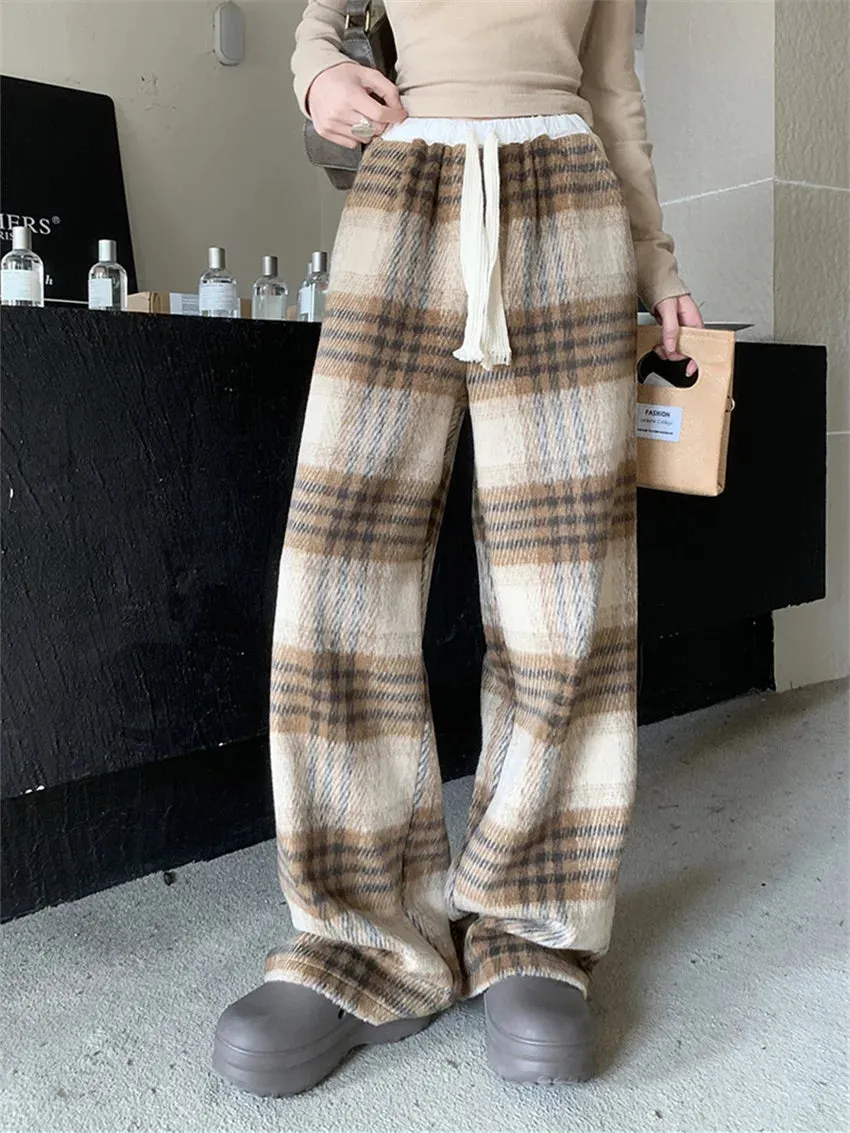 Girlary 2024 Plaid High Street Loose Trousers Women Chic Vintage Plush Wide Leg Straight Winter Daily Casual Office Lady New