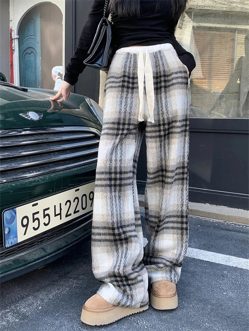 Girlary 2024 Plaid High Street Loose Trousers Women Chic Vintage Plush Wide Leg Straight Winter Daily Casual Office Lady New