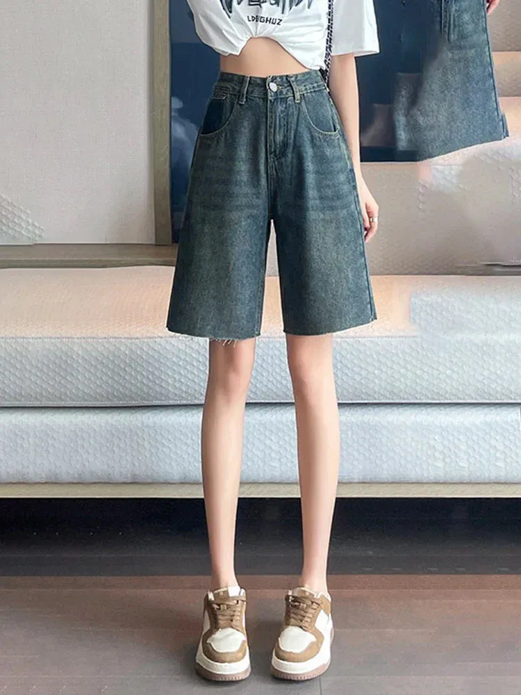 Girlary Chicly Thin Style Basic Washed Simple Loose Street Female Jeans Casual Straight High Waist Fashion Distressed Summer Women Jeans