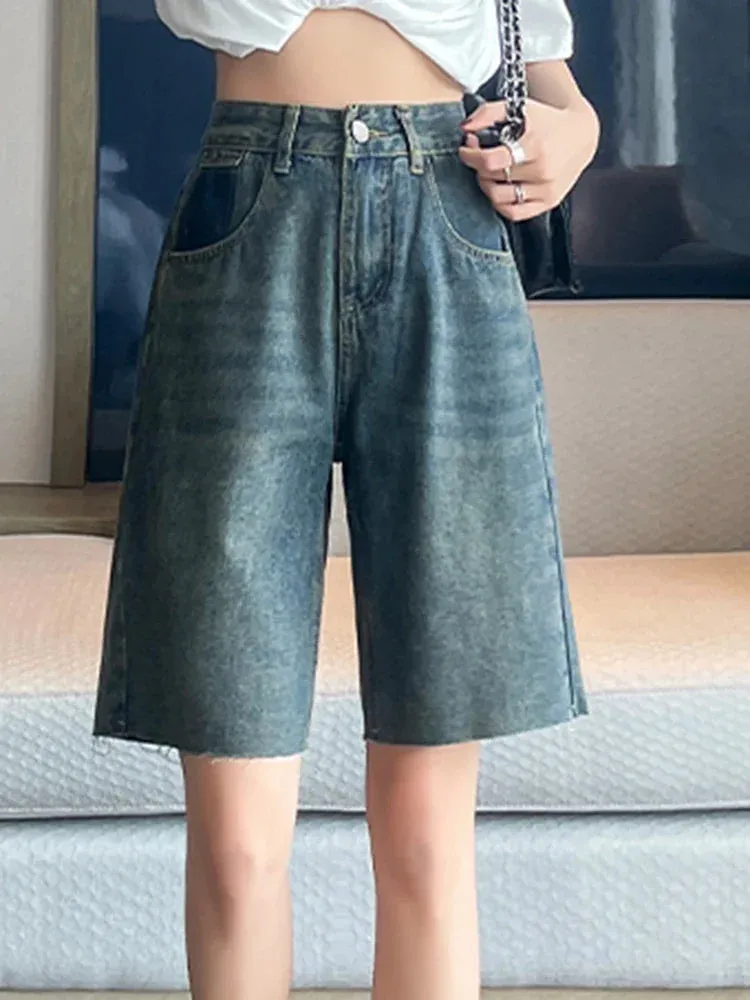 Girlary Chicly Thin Style Basic Washed Simple Loose Street Female Jeans Casual Straight High Waist Fashion Distressed Summer Women Jeans