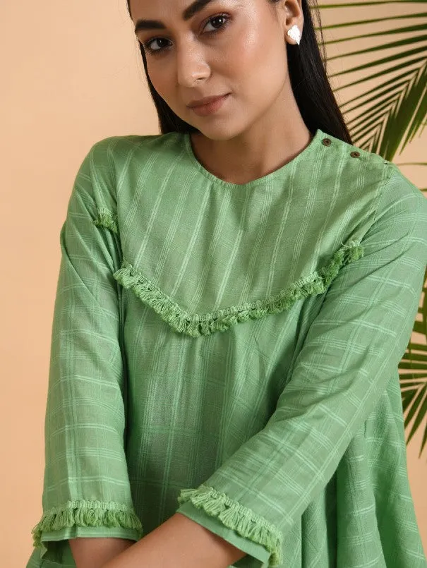 Green Asymmetrical Cotton Top with Tassels