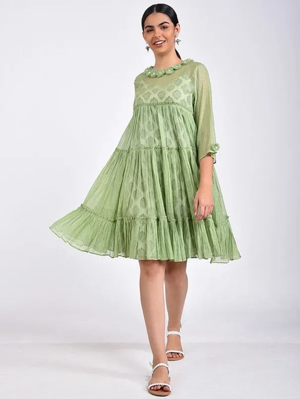 Green Cotton Silk Gather Dress (Set of 2)