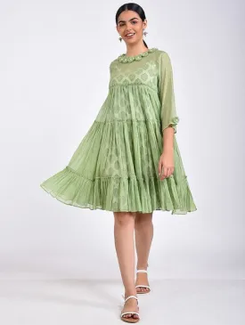 Green Cotton Silk Gather Dress (Set of 2)