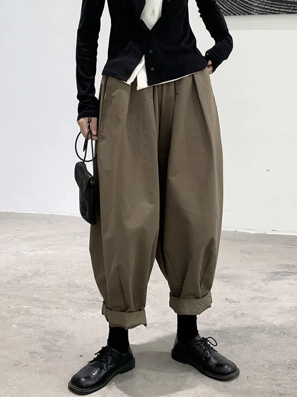 Harem Pants Loose Elasticity High-Waisted Pleated Solid Color Split-Joint Pants Trousers