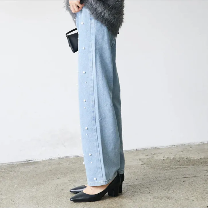 Heavy Industry Nail Pearl Buckle Women's Jeans Casual Loose Trousers