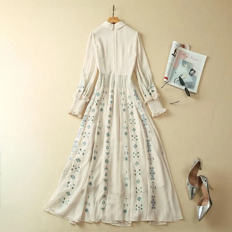 Heavy Industry Pleated Positioning Embroidery Lapel Long Sleeve Dress