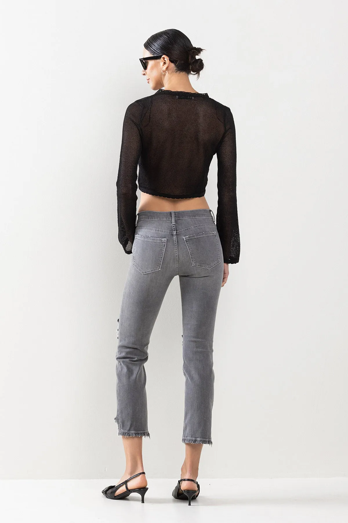 HIGH RISE ANKLE KICK FLARE JEANS WITH DISTRESSING / SP-P10674