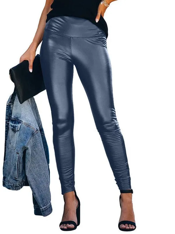 High Waist Pleated Hem PU Leather Pants