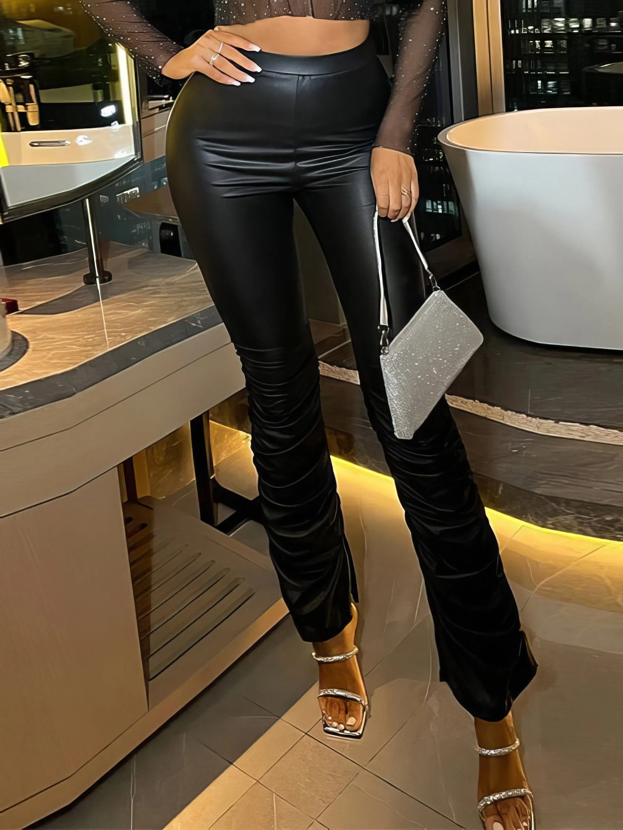 High Waist Pleated Hem PU Leather Pants