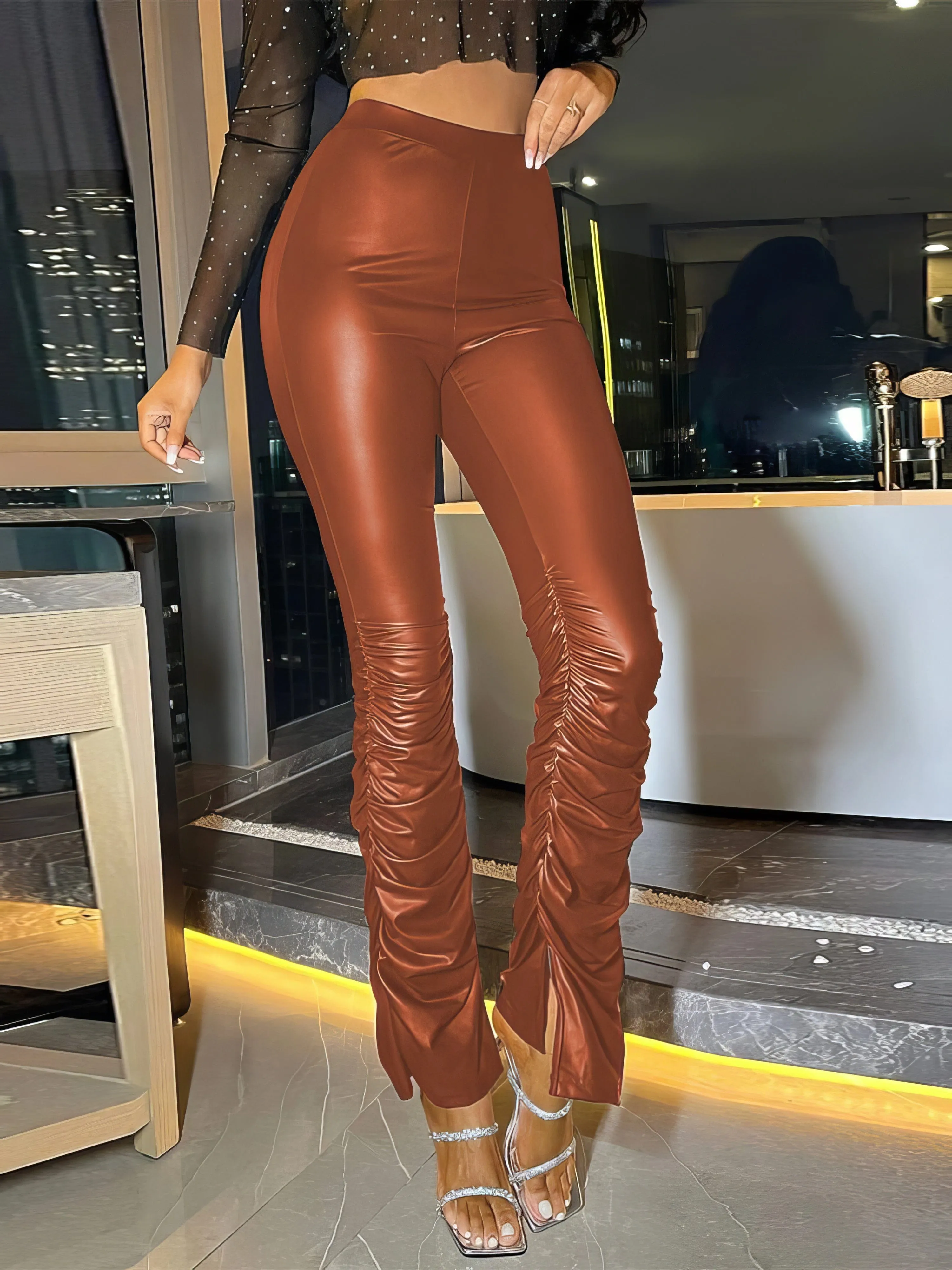 High Waist Pleated Hem PU Leather Pants