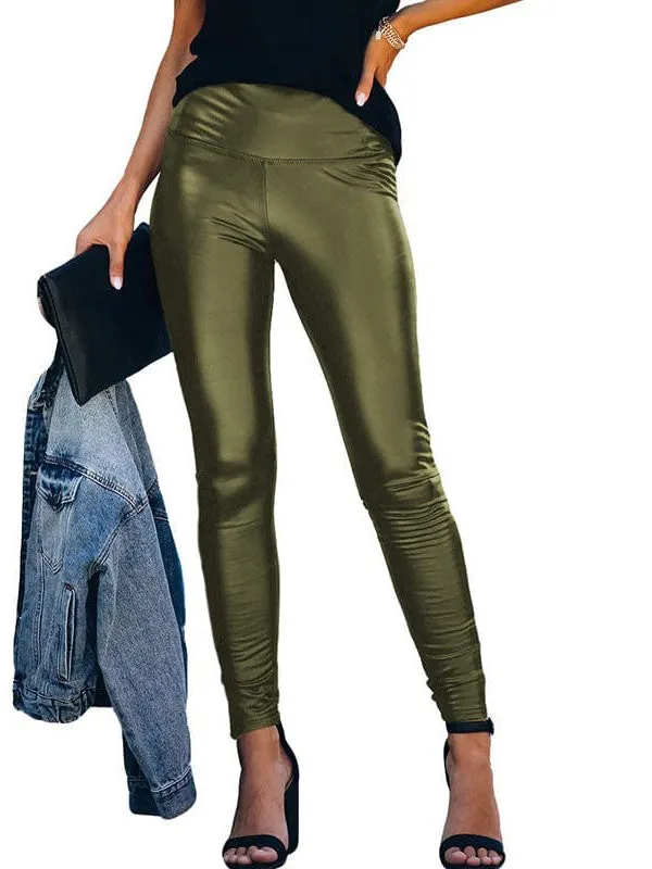 High Waist Pleated Hem PU Leather Pants