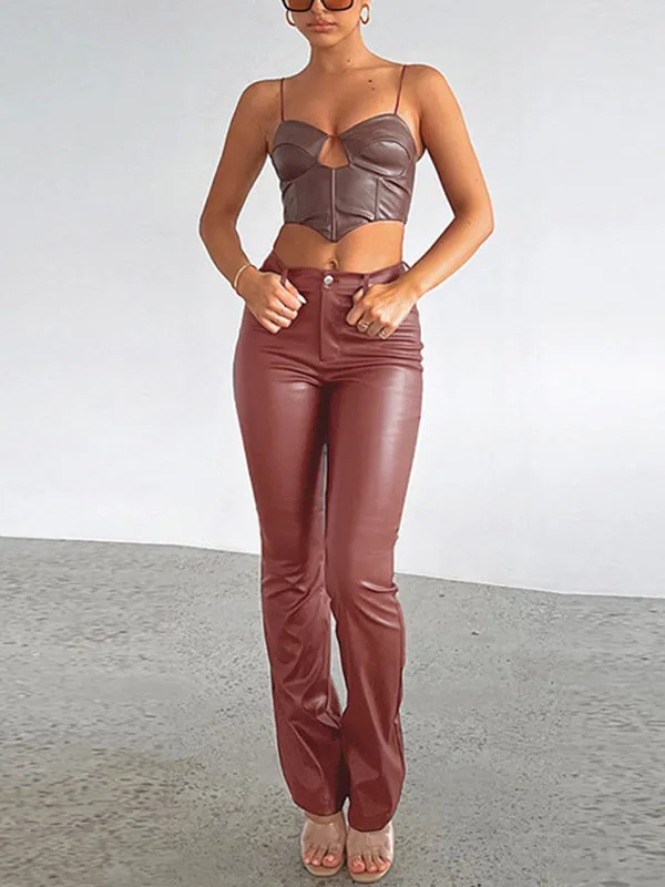 High Waisted Buttoned Solid Color Zipper Pants Trousers