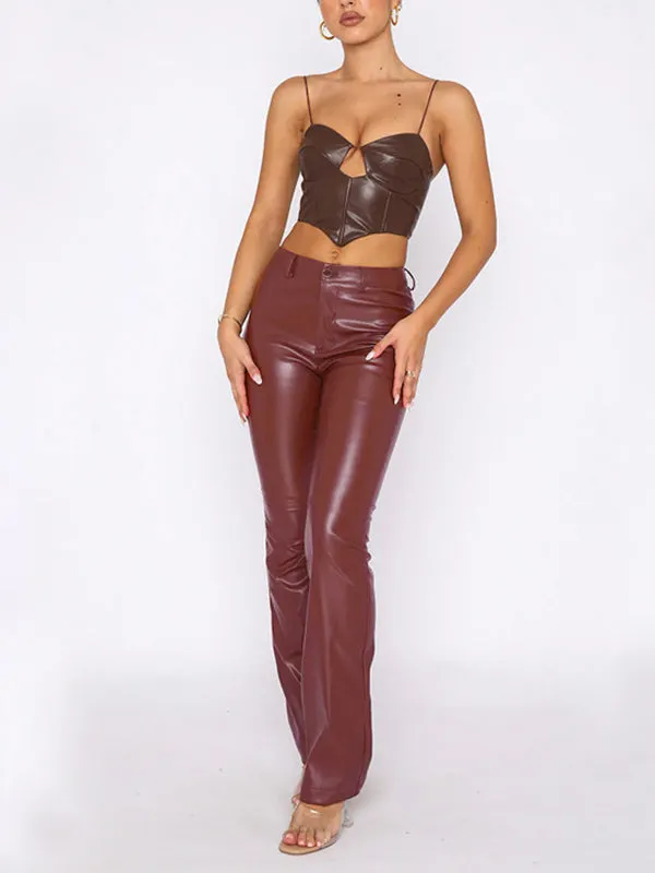 High Waisted Buttoned Solid Color Zipper Pants Trousers