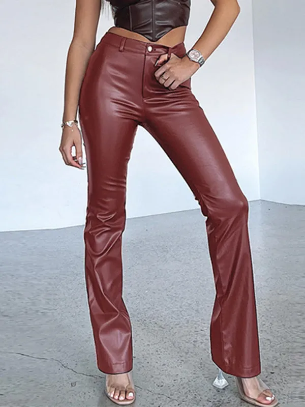 High Waisted Buttoned Solid Color Zipper Pants Trousers