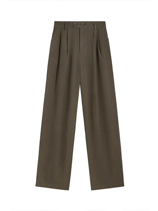 High Waisted Loose Buttoned Pleated Pockets Solid Color Suit Pants