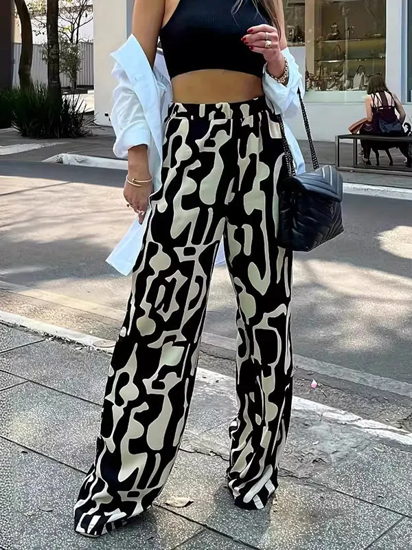 High Waisted Loose Contrast Color Elasticity Printed Split-Joint Pants Trousers