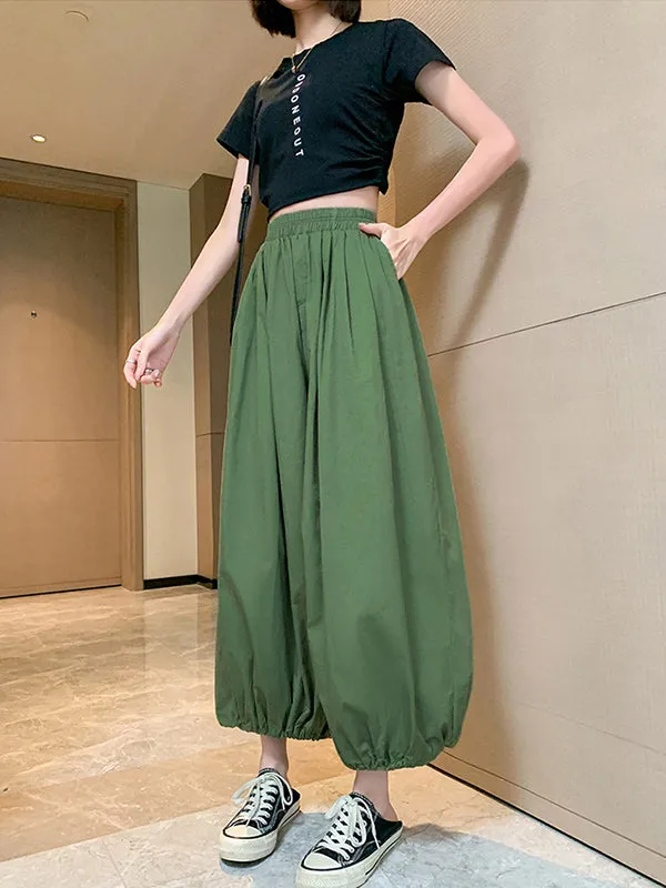 High Waisted Loose Drawstring Elasticity Pleated Solid Color Split-Joint Knickerbockers Ninth Pants Pants Trousers