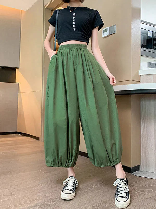 High Waisted Loose Drawstring Elasticity Pleated Solid Color Split-Joint Knickerbockers Ninth Pants Pants Trousers