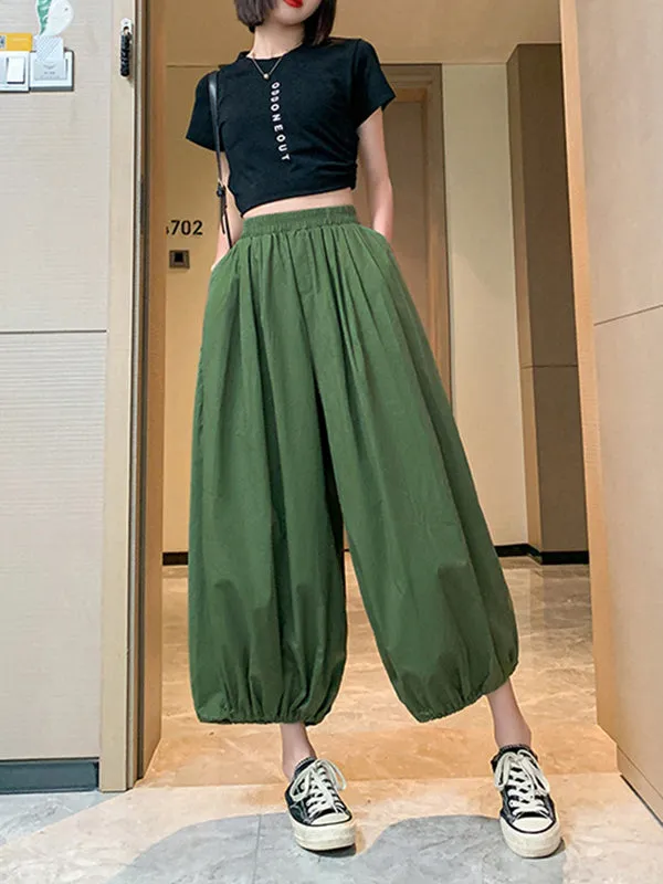 High Waisted Loose Drawstring Elasticity Pleated Solid Color Split-Joint Knickerbockers Ninth Pants Pants Trousers