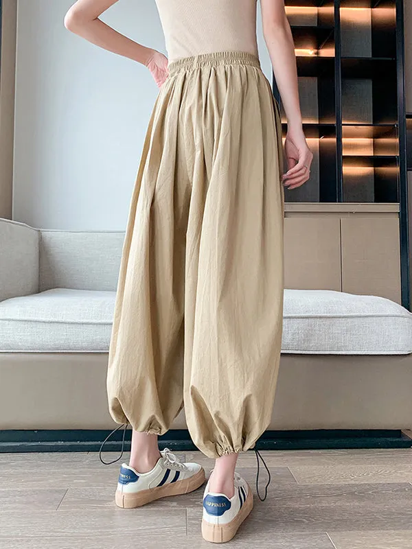 High Waisted Loose Drawstring Elasticity Pleated Solid Color Split-Joint Knickerbockers Ninth Pants Pants Trousers