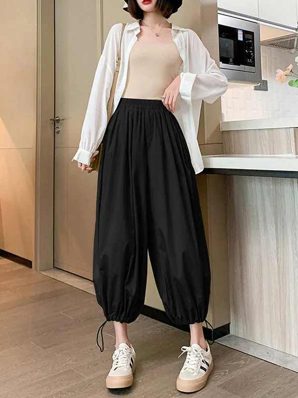 High Waisted Loose Drawstring Elasticity Pleated Solid Color Split-Joint Knickerbockers Ninth Pants Pants Trousers