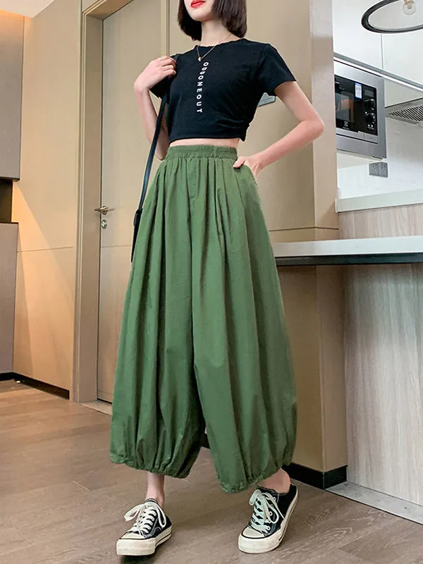 High Waisted Loose Drawstring Elasticity Pleated Solid Color Split-Joint Knickerbockers Ninth Pants Pants Trousers