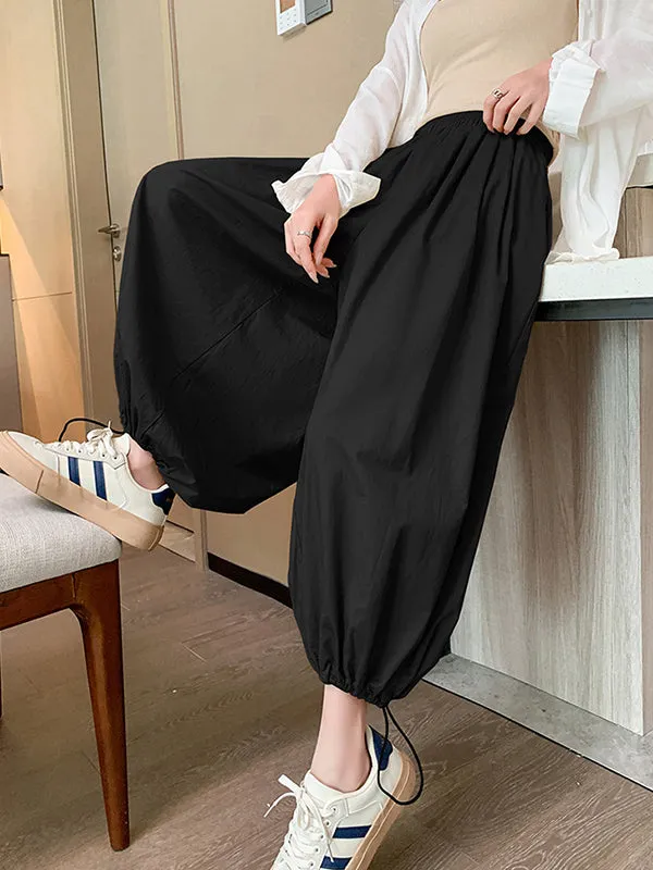 High Waisted Loose Drawstring Elasticity Pleated Solid Color Split-Joint Knickerbockers Ninth Pants Pants Trousers