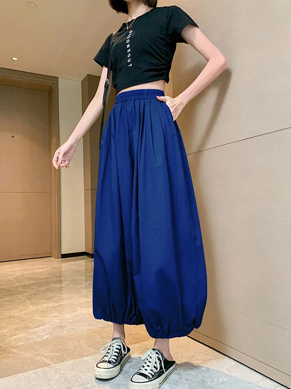 High Waisted Loose Drawstring Elasticity Pleated Solid Color Split-Joint Knickerbockers Ninth Pants Pants Trousers