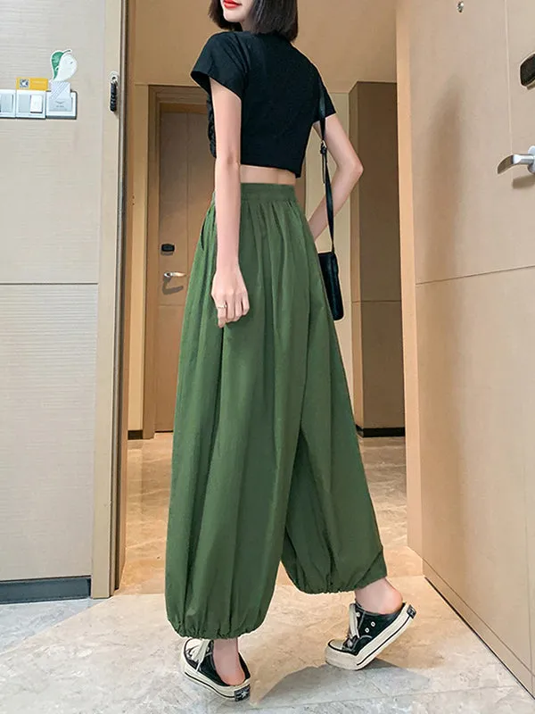 High Waisted Loose Drawstring Elasticity Pleated Solid Color Split-Joint Knickerbockers Ninth Pants Pants Trousers