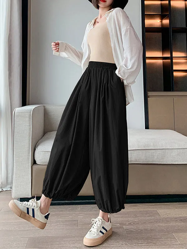 High Waisted Loose Drawstring Elasticity Pleated Solid Color Split-Joint Knickerbockers Ninth Pants Pants Trousers