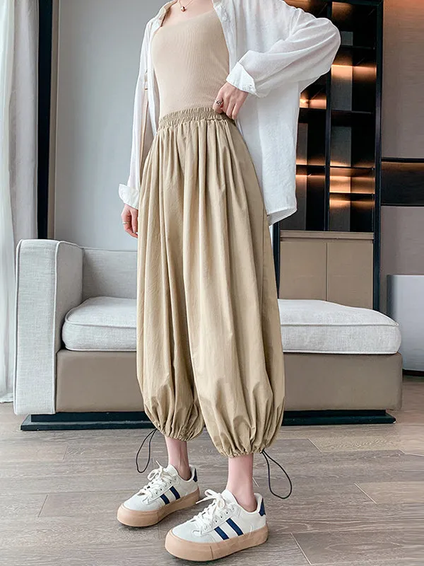 High Waisted Loose Drawstring Elasticity Pleated Solid Color Split-Joint Knickerbockers Ninth Pants Pants Trousers