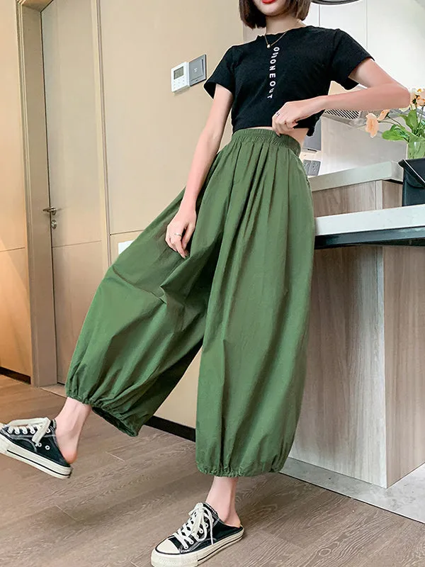 High Waisted Loose Drawstring Elasticity Pleated Solid Color Split-Joint Knickerbockers Ninth Pants Pants Trousers