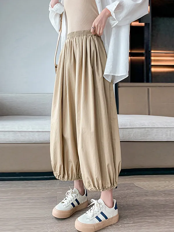 High Waisted Loose Drawstring Elasticity Pleated Solid Color Split-Joint Knickerbockers Ninth Pants Pants Trousers