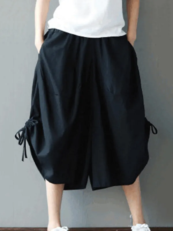 High Waisted Loose Drawstring Elasticity Solid Color Split-Joint Cropped Trousers Pants